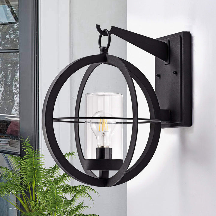 1-light 12" Black Global Outdoor Wall Lantern Sconce with Clear Glass Tube W X E - Diamond Home USA