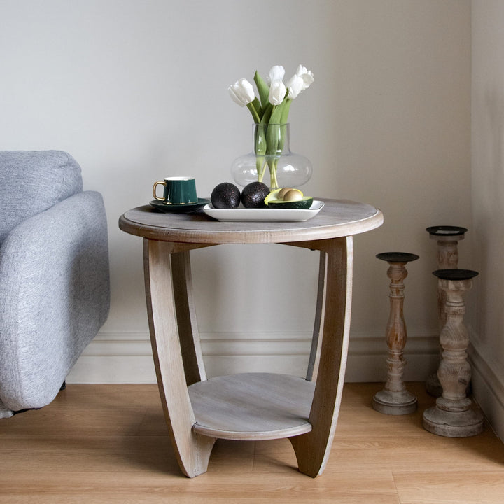 Rustic Farmhouse End Table with Storage Shelf Grey Round Wood Finish