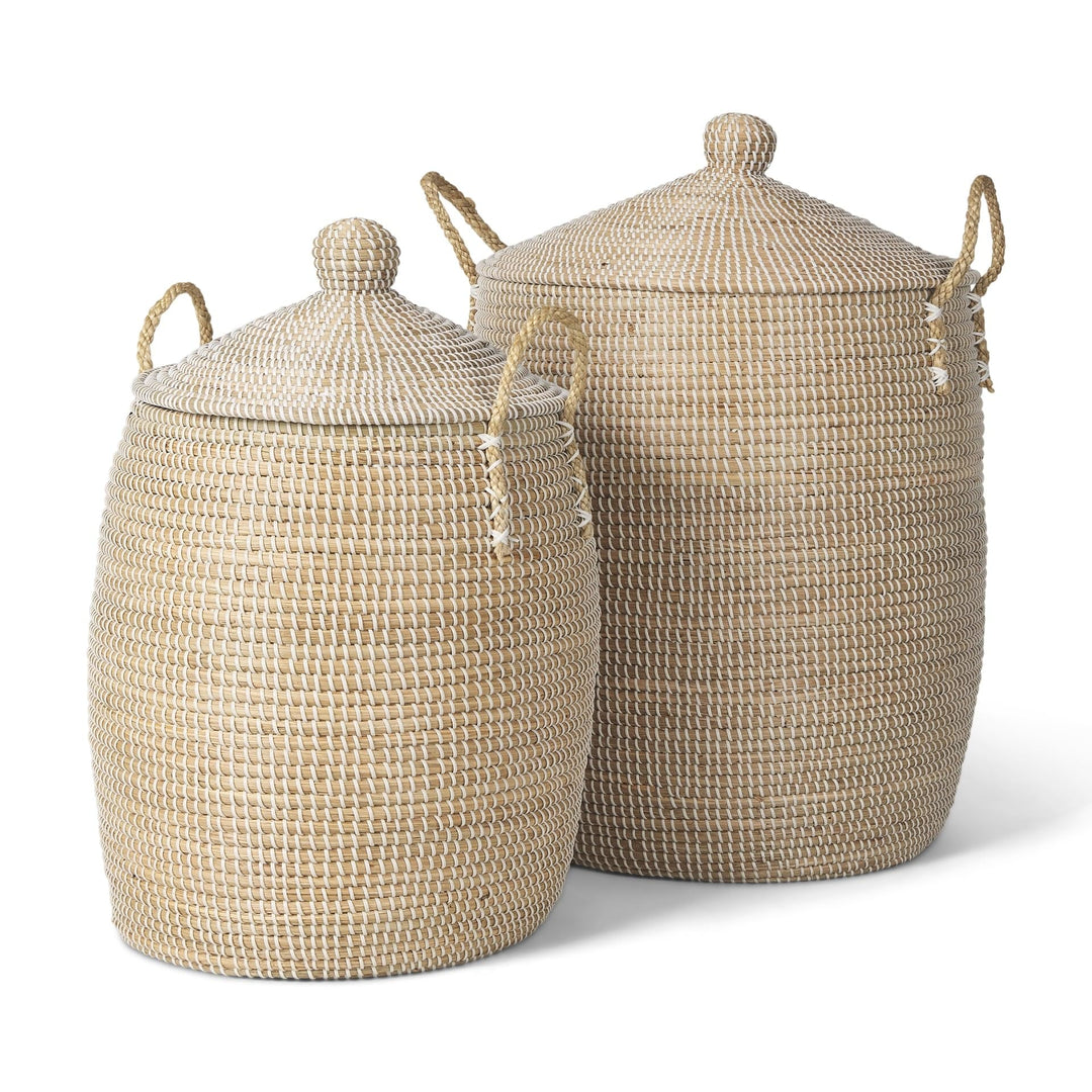 Set of 2 Seagrass Floor Baskets W/Lids and dles 20.9l X 20.9w 29.9h Beige