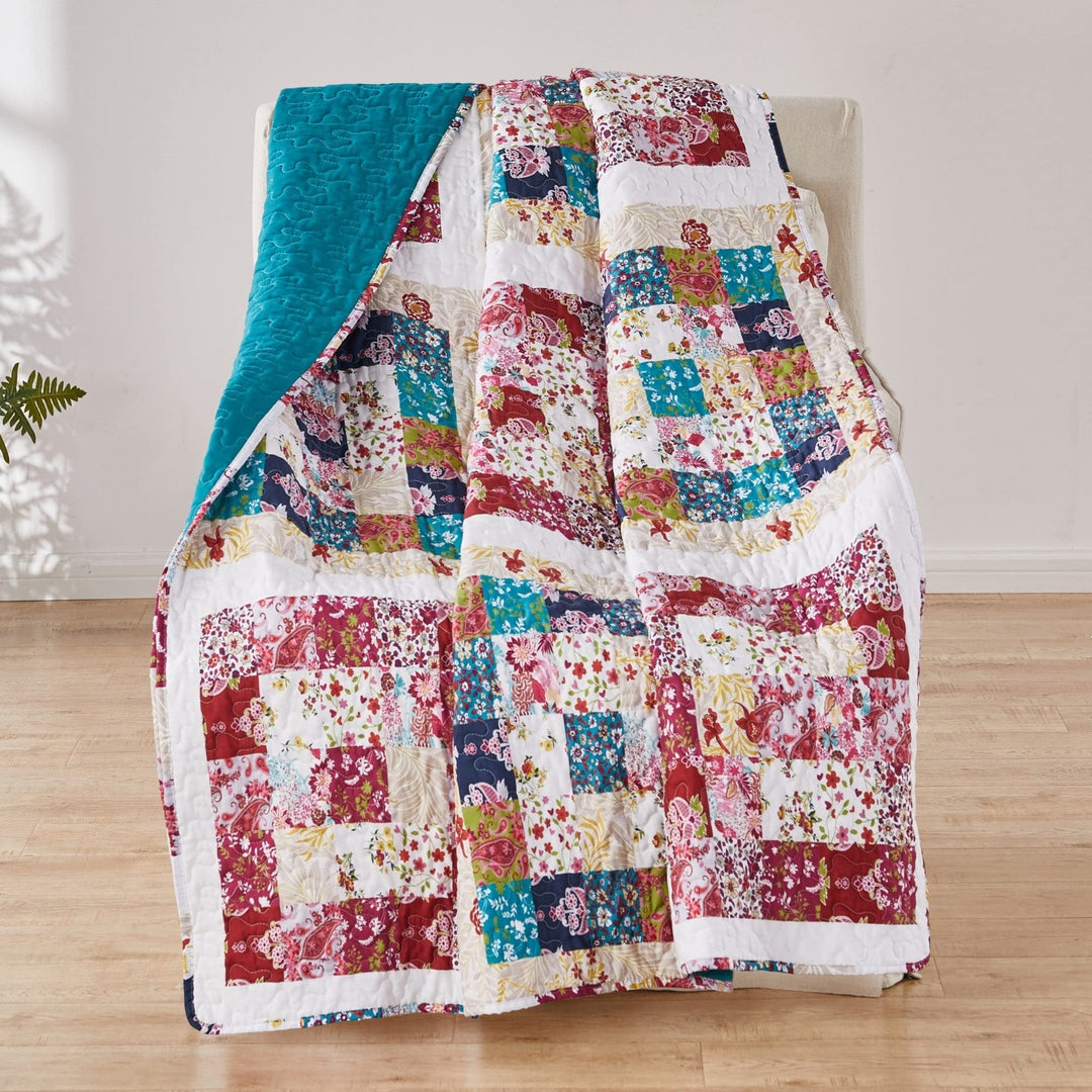 Quilted Throw Blanket Blue Patchwork Cottage Mid-Century Modern Traditional