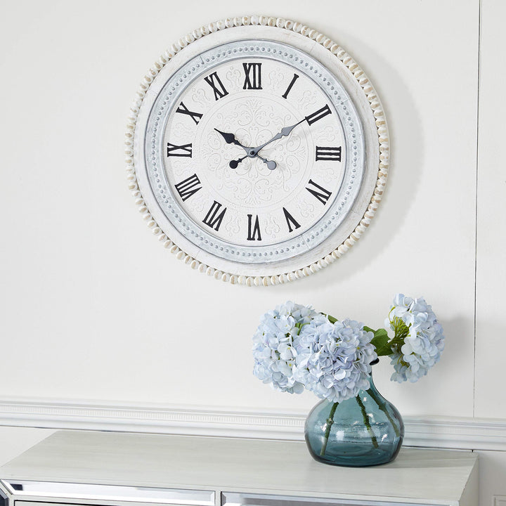 Round Distressed White and Grey Wood Wall Clock with Beaded Textured Rim " X