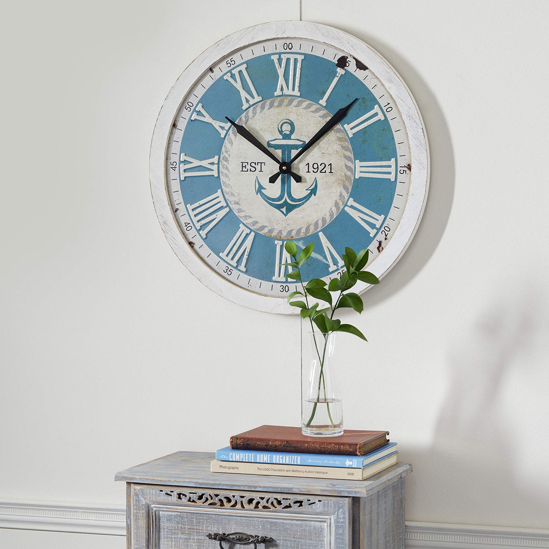 Large Round Blue and White Anchor Wood Wall Clock with Distressed Rim 3.75" X