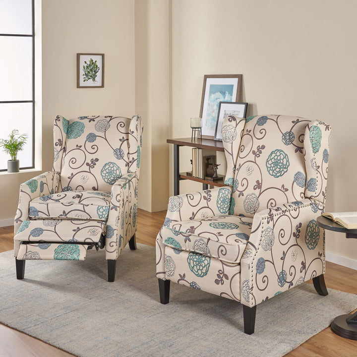 Christopher Knight Home Ellyn abric Recliner (Set of 2) Light Beige with Blue