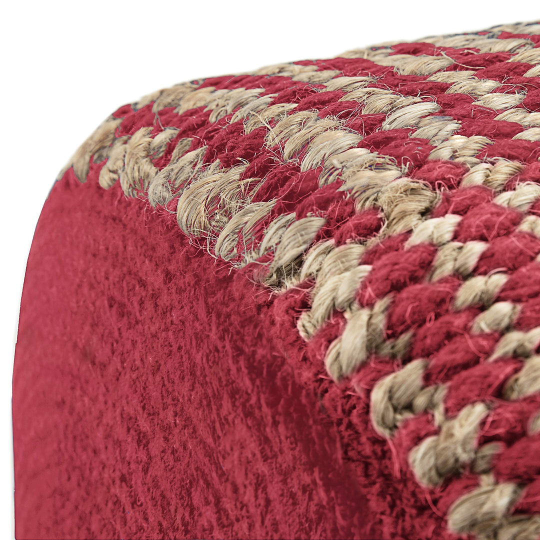 SIMPLIHOME Larissa Round Pouf Footstool Upholstered in Natural and Maroon Hand