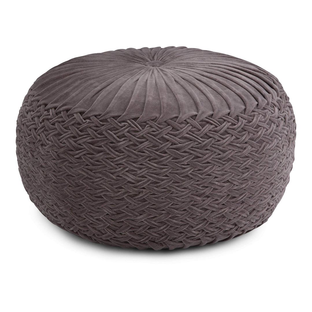 Transitional Round Pouf in Grey Velvet Traditional Solid Cotton Handmade