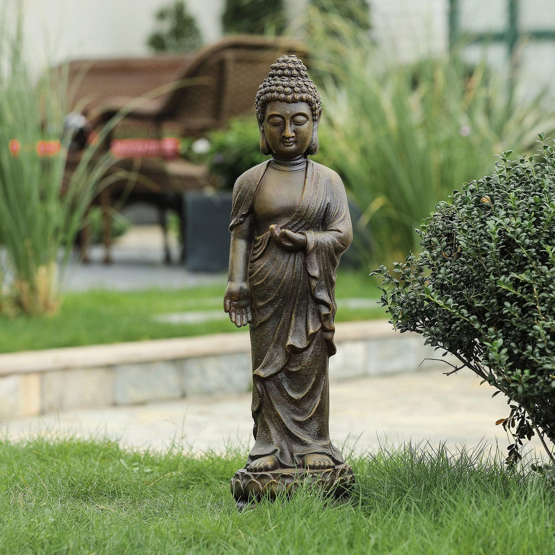 Brown Mgo Enlightened Standing Buddha Garden Statue Oriental Magnesium Oxide