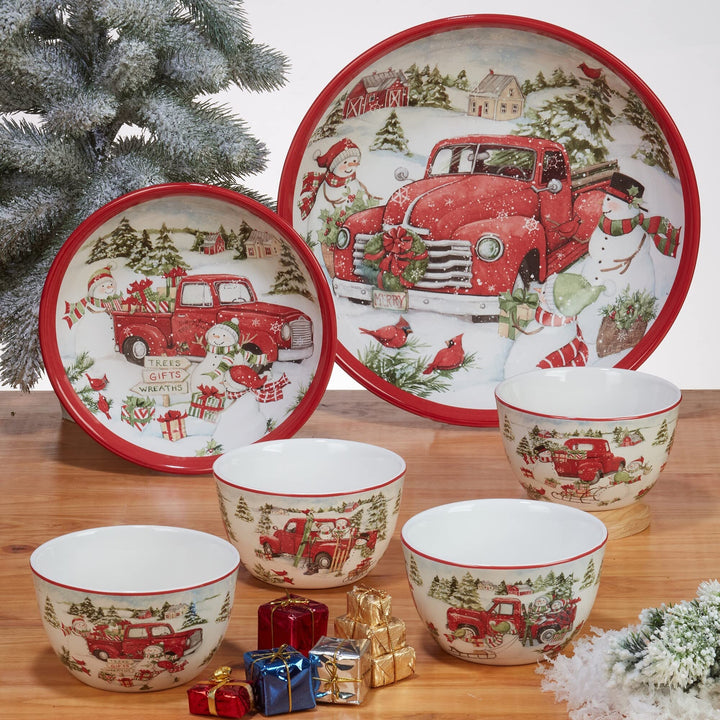 Red Truck Snowman Rectangular Platter 16" X 12" Multi Color White Casual