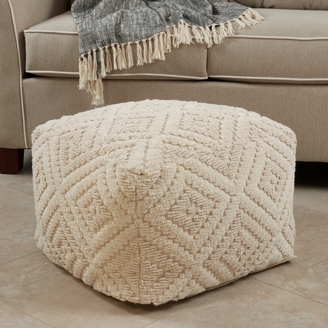 Cotton Floor Pouf with Handloom Design Tan Textured Modern Contemporary