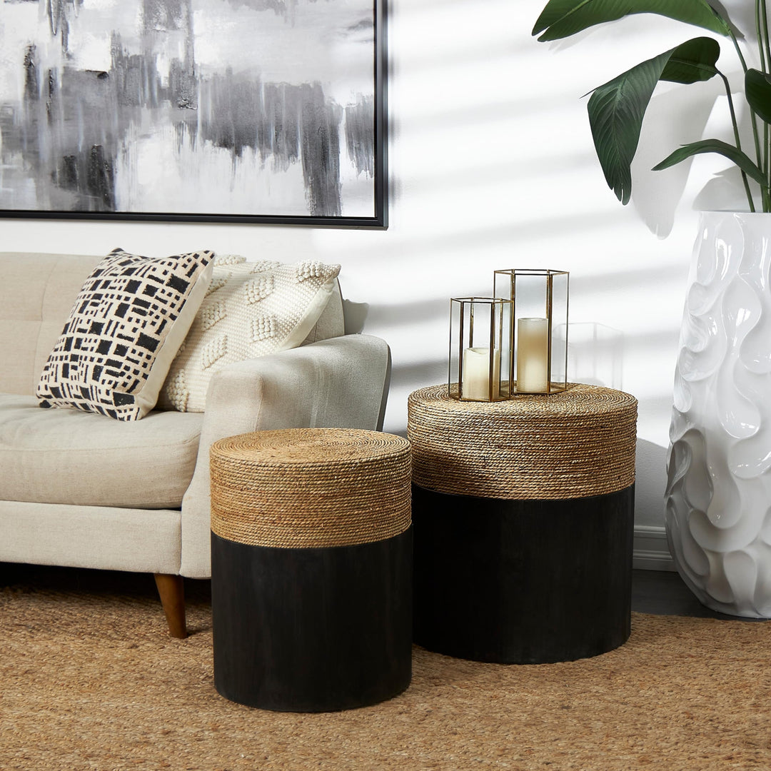 Black Wood Handmade Wrapped Accent Table with Dried Plant Tabletops (Set of 2)