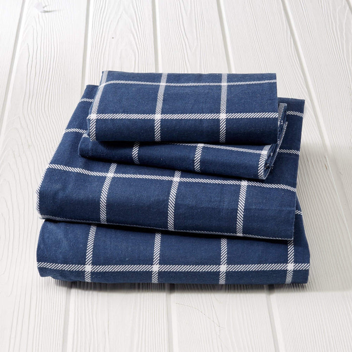 4 Piece Navy Windowpane Plaid Flannel Sheet Full Set Blue Check Window Pane Full - Windowpane - Navy / White