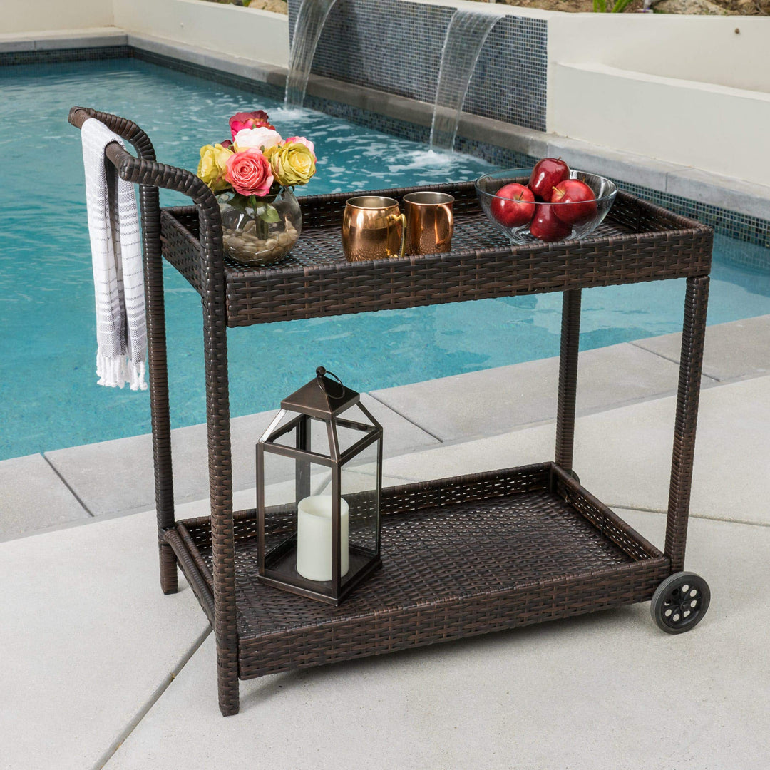 Outdoor Wicker Bar Cart Brown Metal