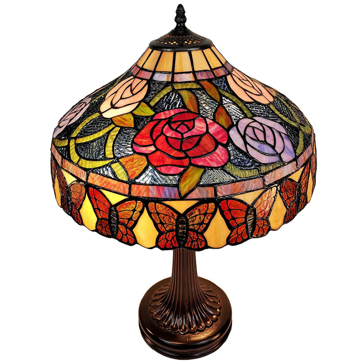 Tiffany Style Table Lamp Banker 23" Tall Stained Glass Red Green Tan Floral