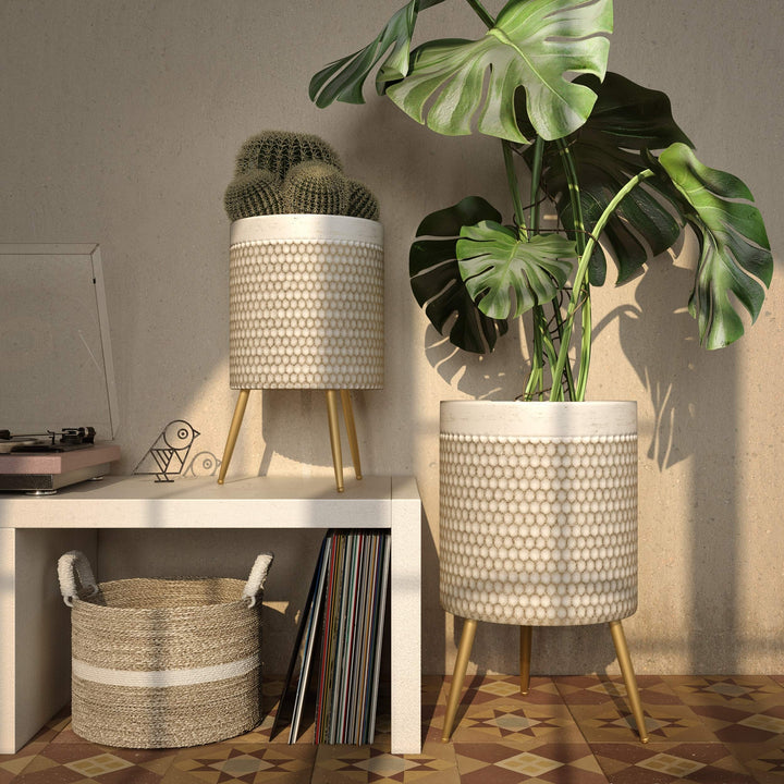 Modern Planters (Set of 2) Gold White Mid-Century Round Metal