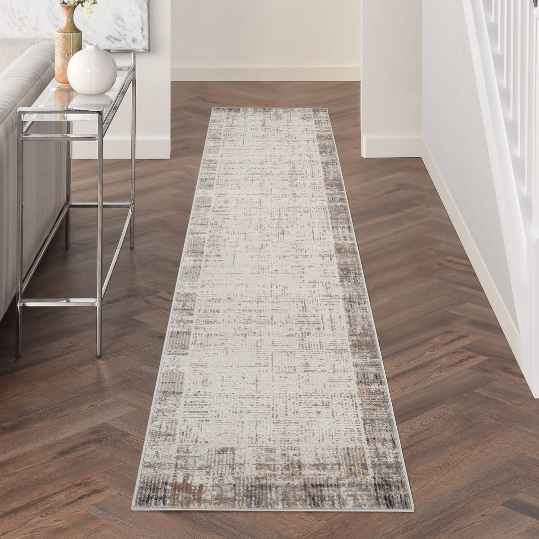 Nourison Elation Abstract Ivory Grey 2'2" x 12' Area -Rug Easy -Cleaning Non 2'2" x 12' - Ivory/Grey