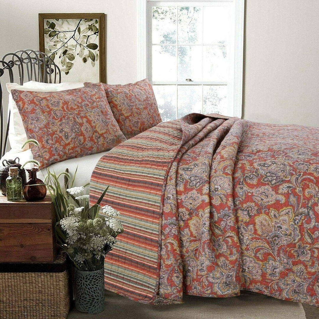 Spice Paisley 3-Piece Quilt Set - King Red Floral Striped Cottage Country