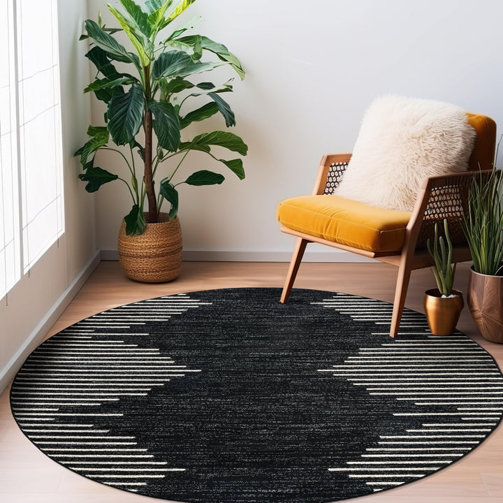 Rugshop Bohemian Stripe Stain Resistant High Traffic Living Room Kitchen Bedroom 6' Round - Black