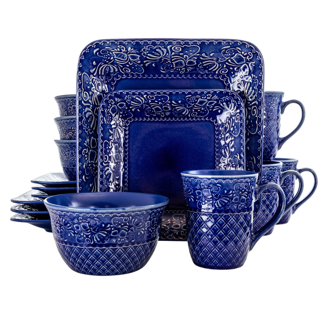 Indigo 16 Piece quare toneware Dinnerware et Blue Textured Casual Microwave