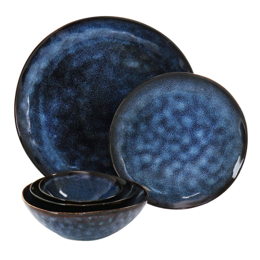 20 Piece Round Stoneware Triple Bowl Dinnerware Set in Blue Textured Casual - Diamond Home USA