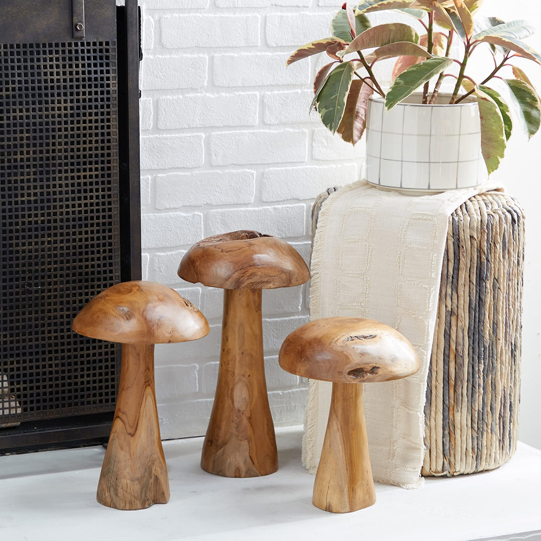 Brown Teak Wood Mushroom Sculpture (Set of 3) 9 X 16