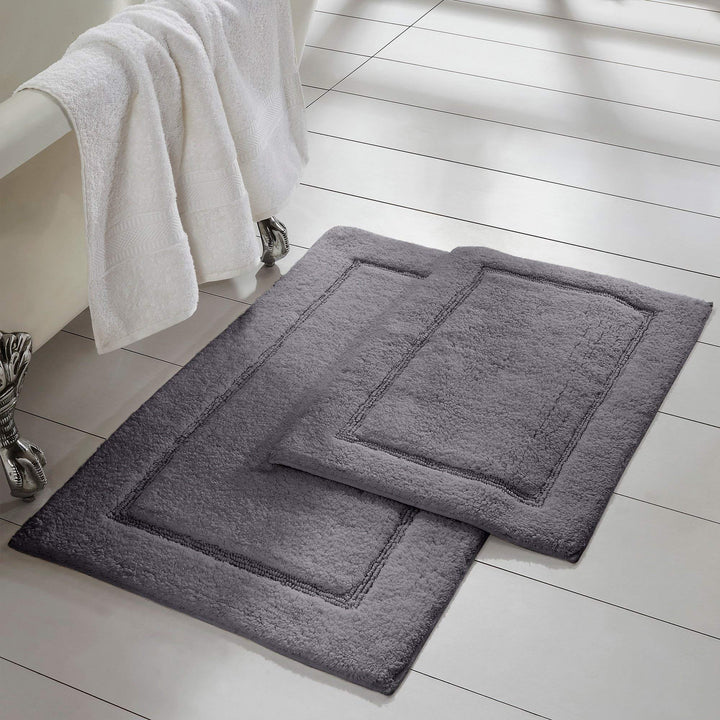 2 Piece Grey Border Stripes Bath Rug Set Simple Texture Solid Color Bathroom Mat Charcoal