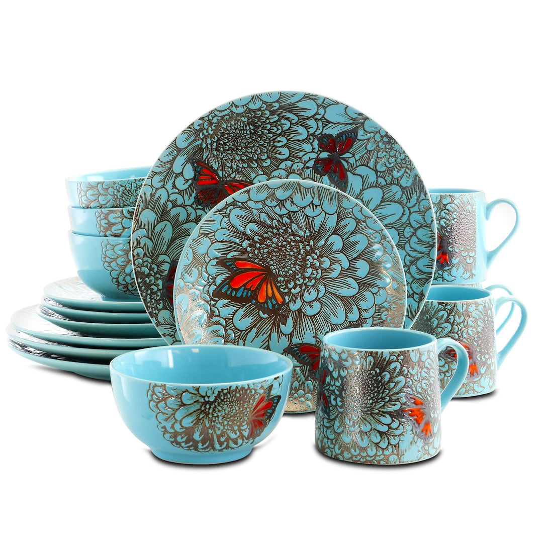 Flower Garden 16 Piece Stoneware Dinnerware Set Blue Floral Casual Round