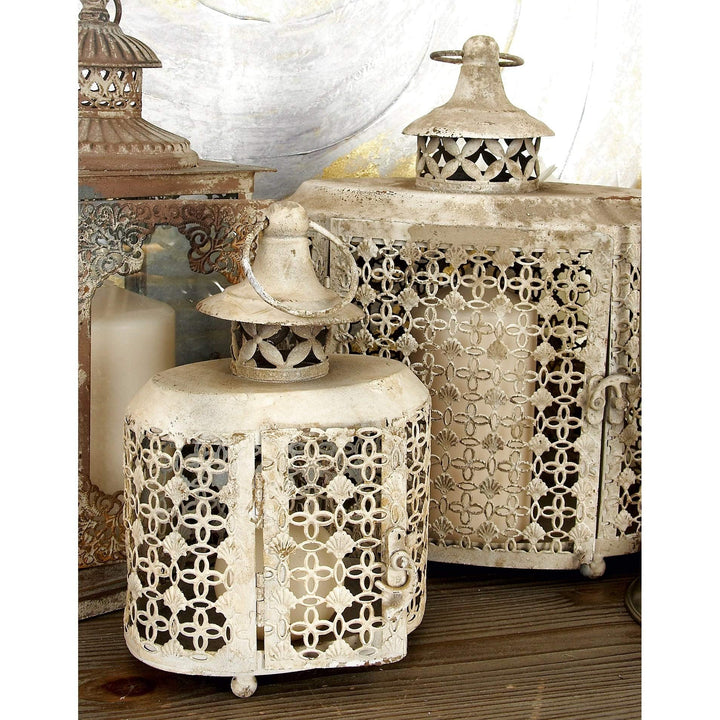 Distressed Lattice Oval Candle Lanterns (Set of 2) Tan Iron Metal