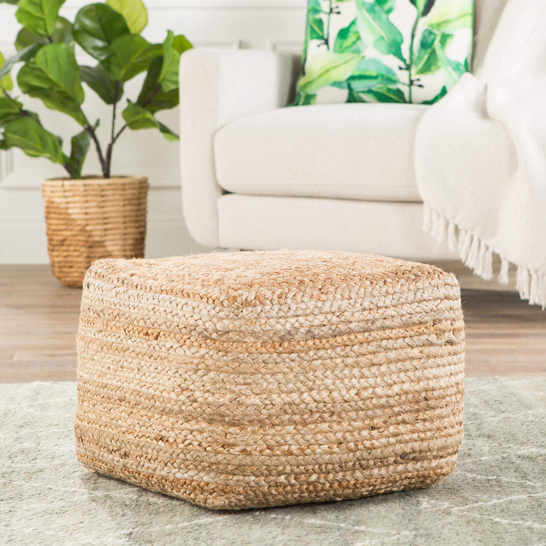 Modern Beige Cube Shape Jute Pouf Brown Solid Color Mid-Century Contemporary One