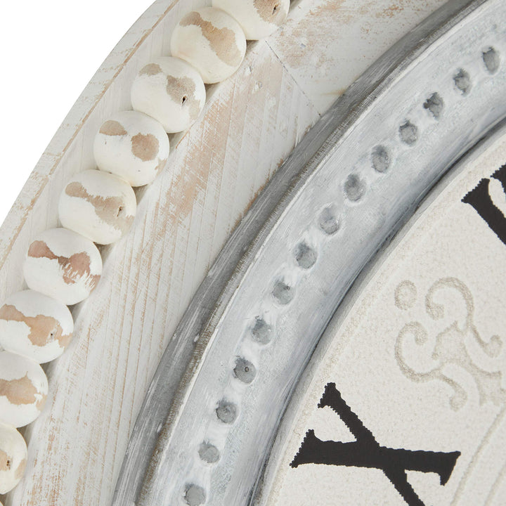 Round Distressed White and Grey Wood Wall Clock with Beaded Textured Rim " X