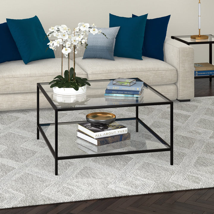 32'' Square Coffee Table with Glass Shelf Black Mid-Century Modern Metal Steel Blackened Bronze