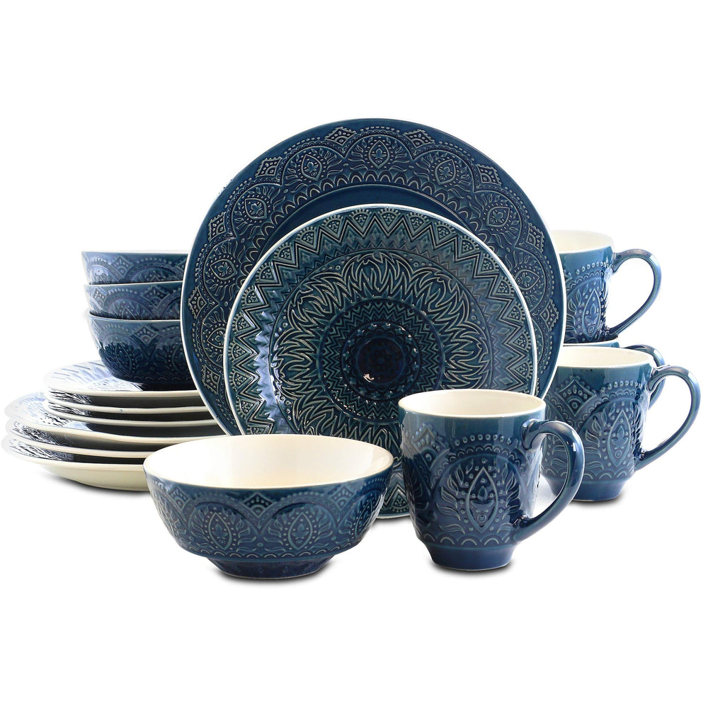 16 Piece Stoneware Dinnerware Set Blue Textured Casual Round Microwave Safe - Diamond Home USA