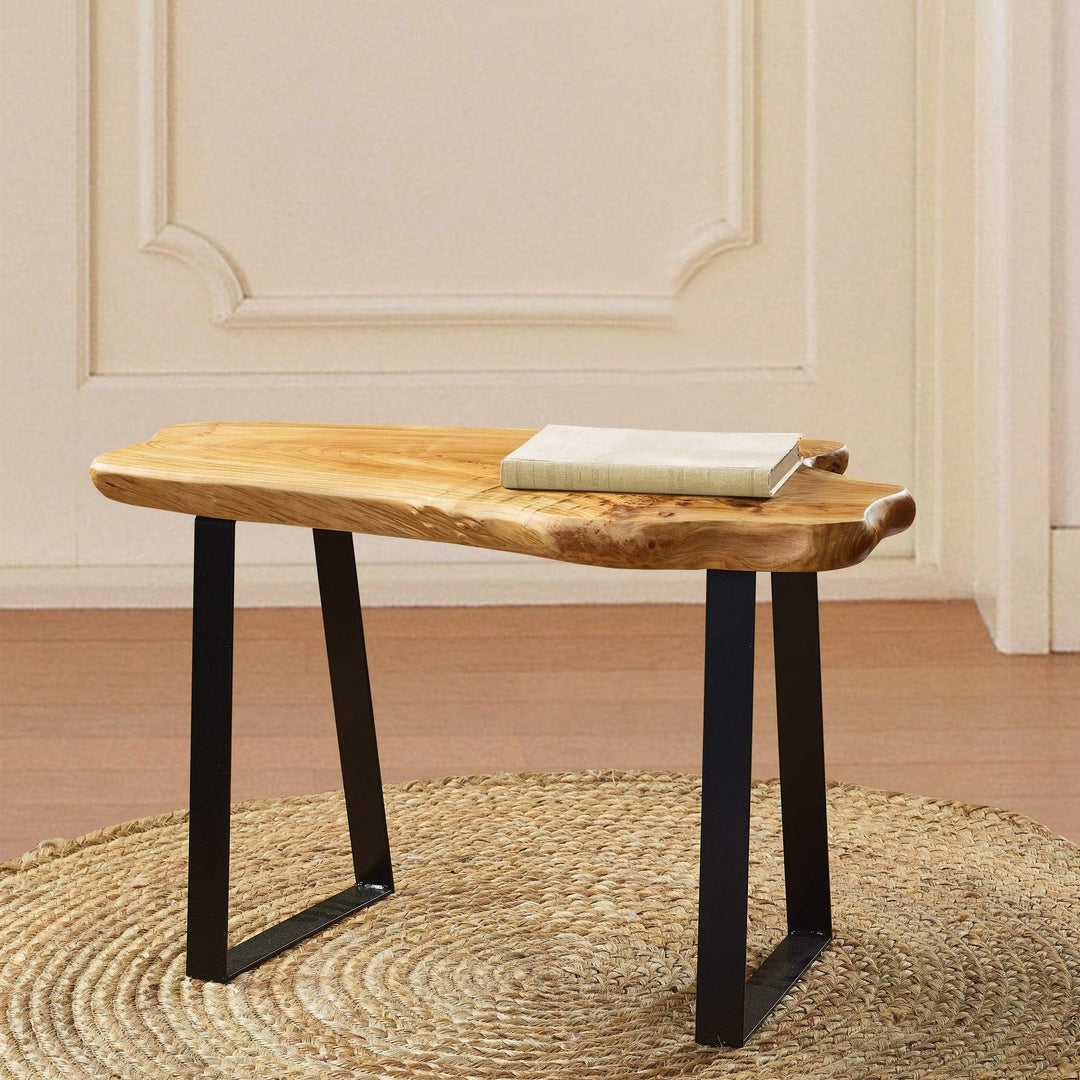 Live Edge Cut Cedar Roots Rustic Stool with Flat Iron Leg Natural Floral Pattern