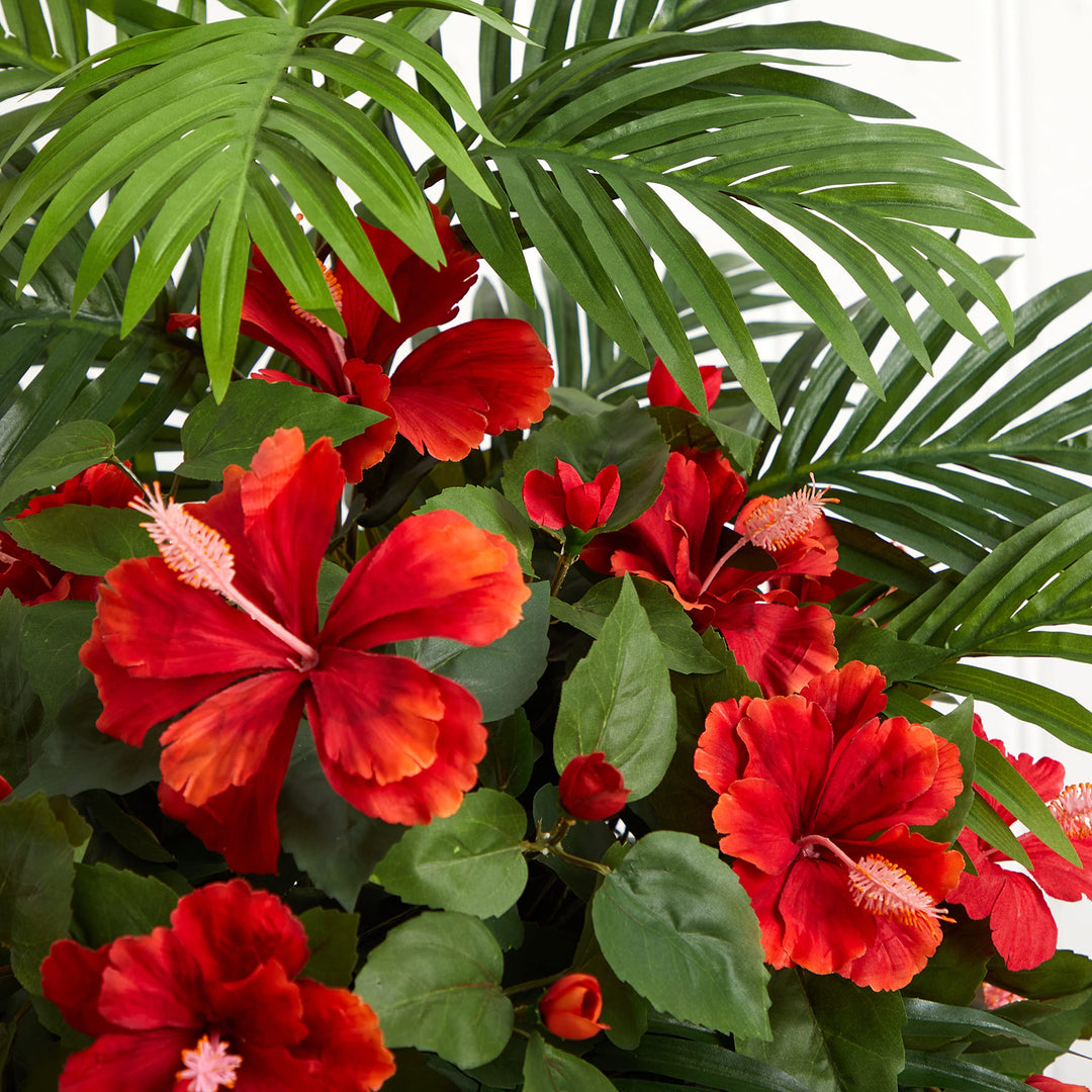 Nearly Natural Hibiscus and Areca Palm Artificial White Bowl Silk Plants Red