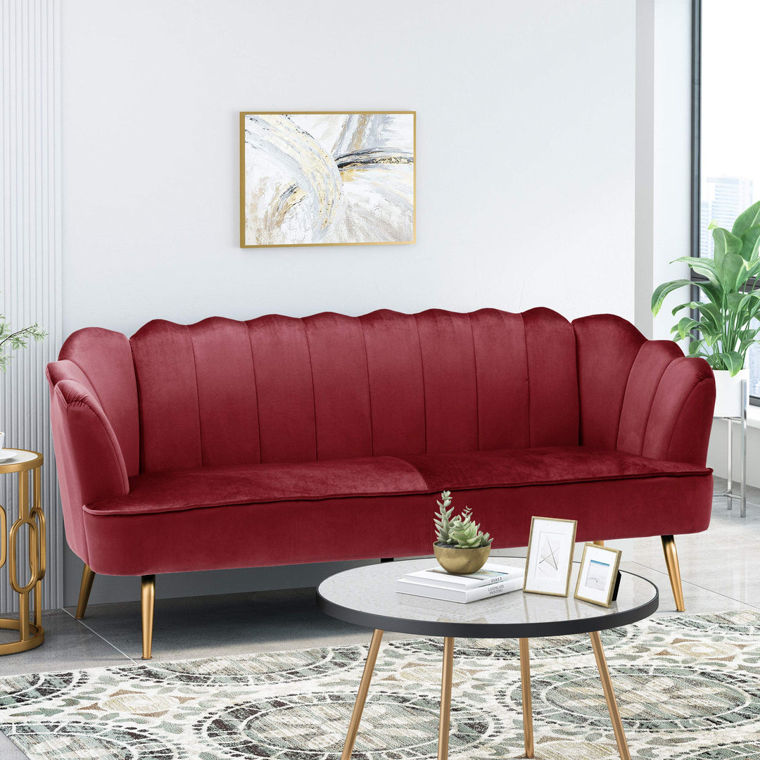 Christopher Knight Home Reitz Channel Stitch 3 Seater Shell Sofa - Velvet - Berry Red + Gold