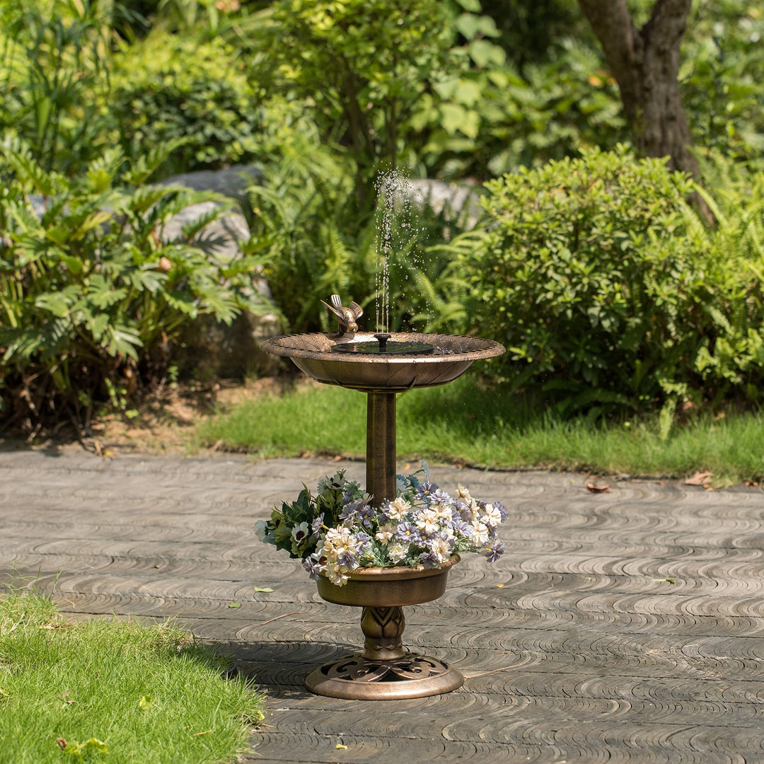 Garden Bird Bath and Solar Powered Round Pond Fountain Copper