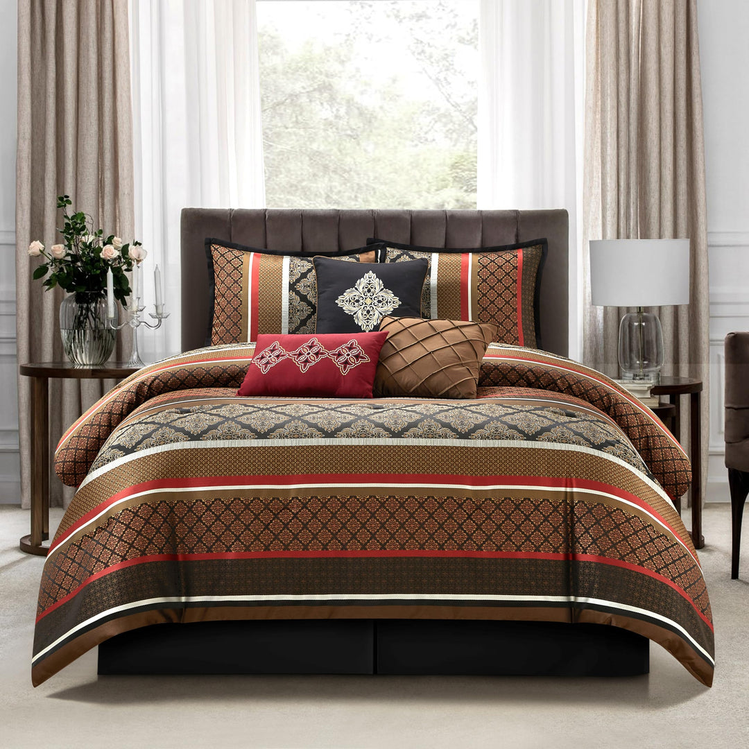 Stratford Park Jacquard 7 Piece Comforter Set Red Bed Size Queen Geometric Red - Queen