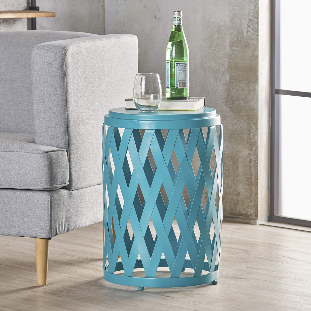 Christopher Knight Home Pecola Indoor 14" Diameter Lattice Iron Side Table Matte Teal