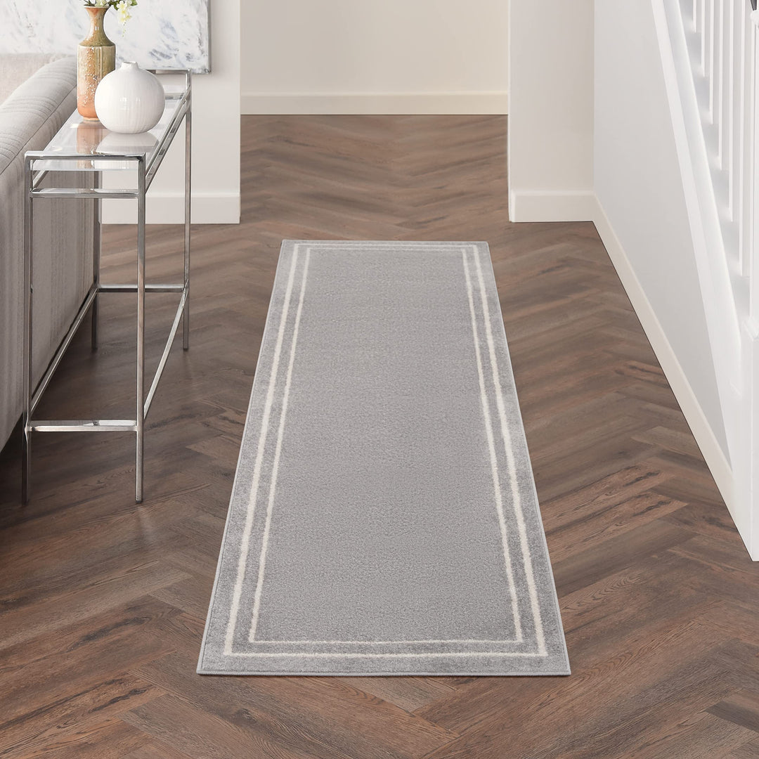 Nourison Essentials Indoor/Outdoor Solid Bordered Grey/Ivory 2'2" x 7'6 Area Rug 6' Runner - Grey/Ivory