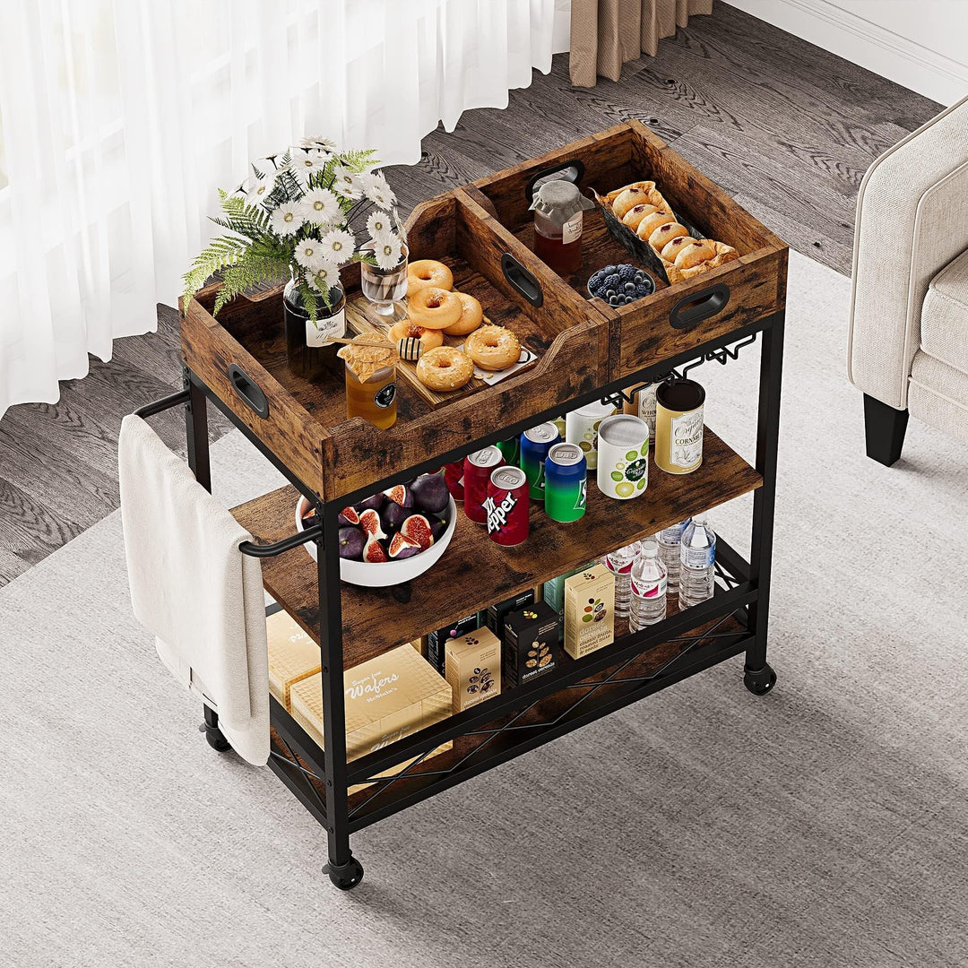 3-Tier Home Bar Cart Rustic Brown with Wheels Modern Contemporary Wood Made to - Diamond Home USA