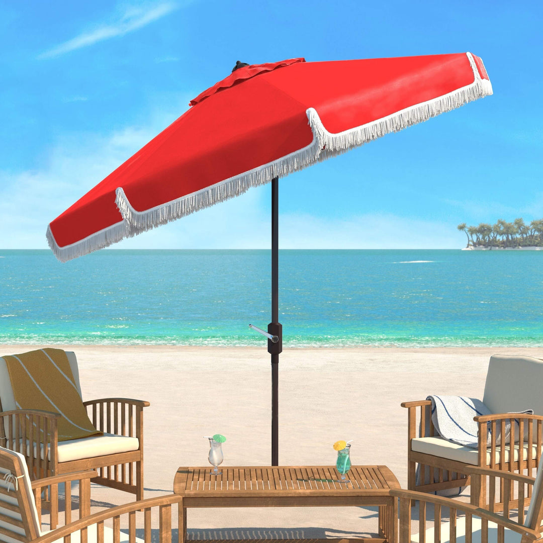 Fringe 9 Ft Crank Red/White Outdoor Umbrella Red Classic Aluminum Wood