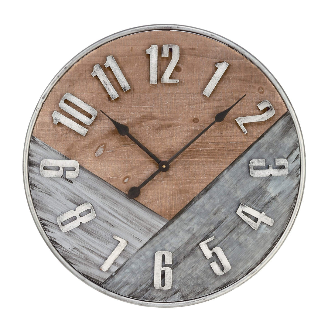 Rustic Wall Clock Brown Grey Farmhouse Industrial Iron Wood