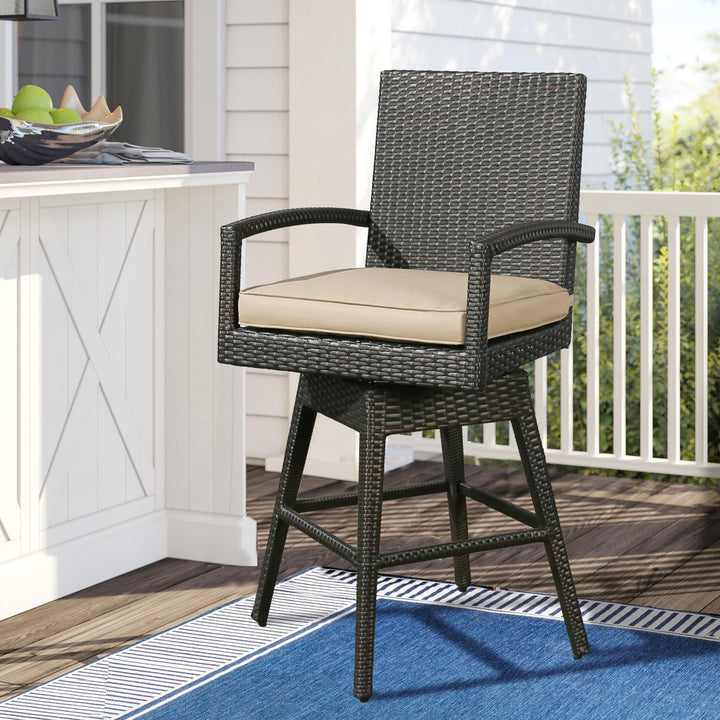 Outdoor Bar Height Stools All-Weather Swivel Stool with Cushion Brown Modern