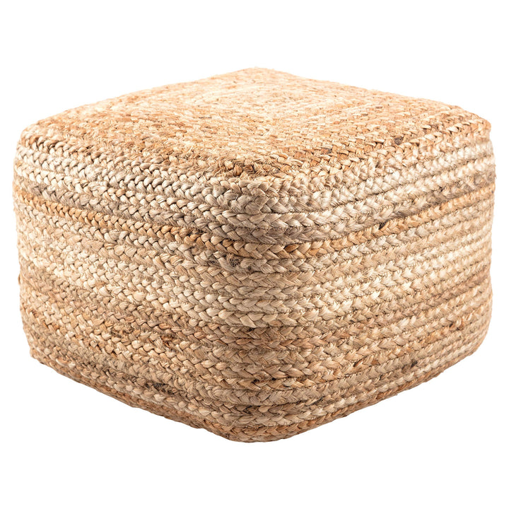 Modern Beige Cube Shape Jute Pouf Brown Solid Color Mid-Century Contemporary One