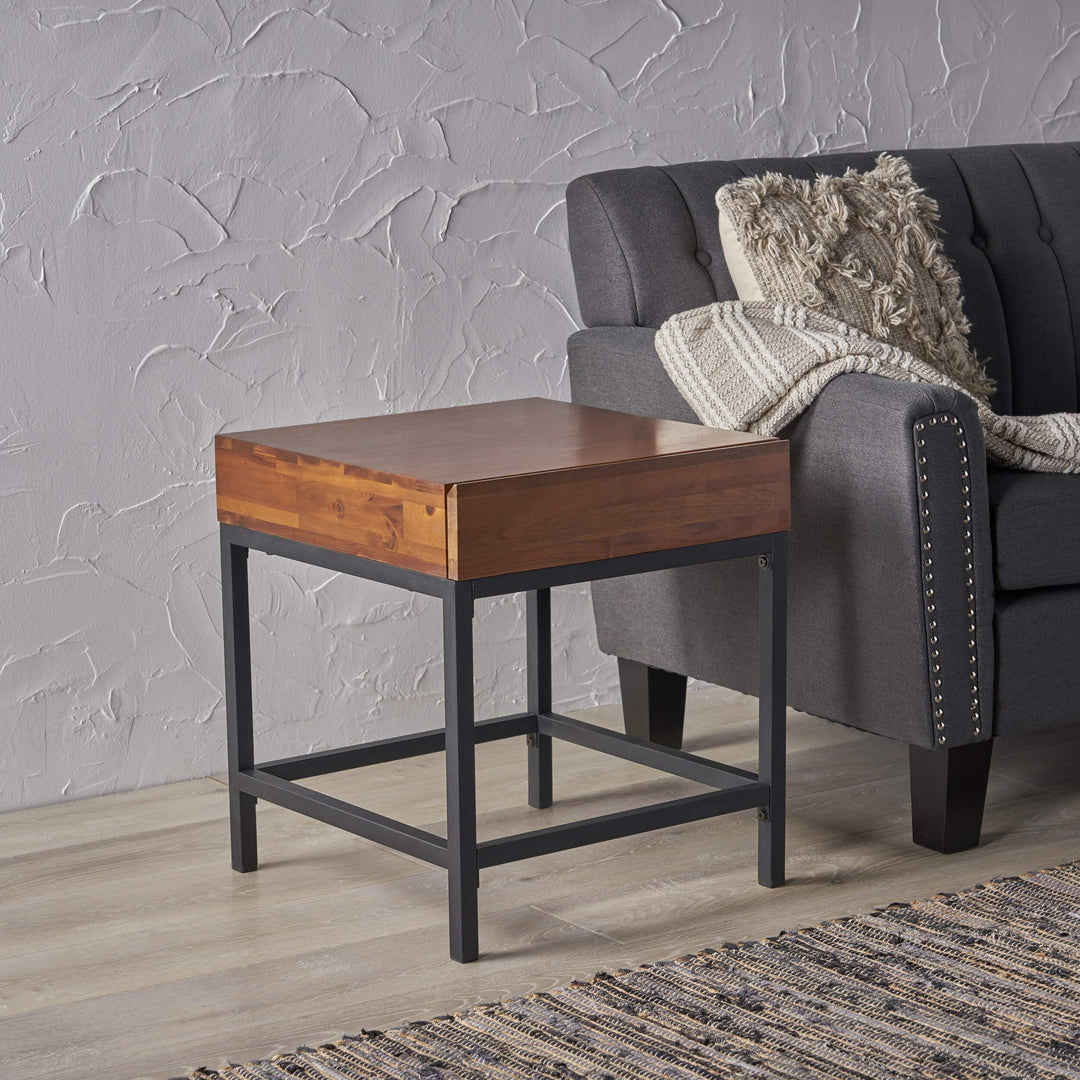 Industrial Square Acacia Wood Storage End Table by Brown Country Farmhouse