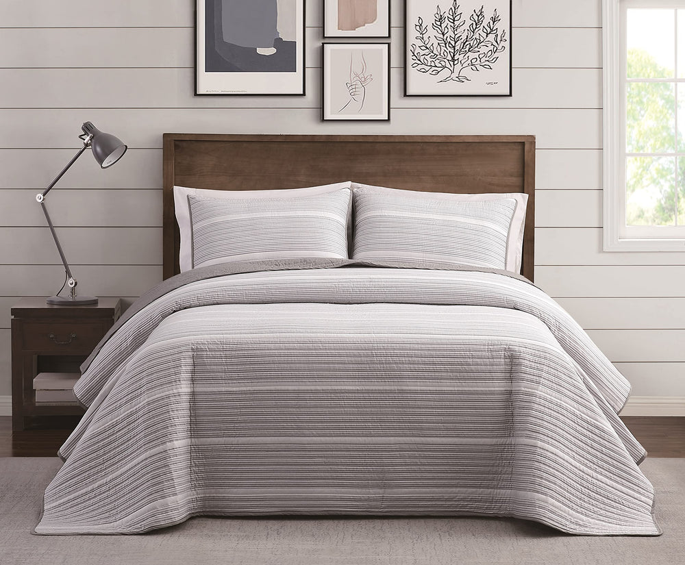 Brooklyn Loom - 3-Piece King Quilt and Sham Set - Niari Yarn Dye Stripe otton Grey - King