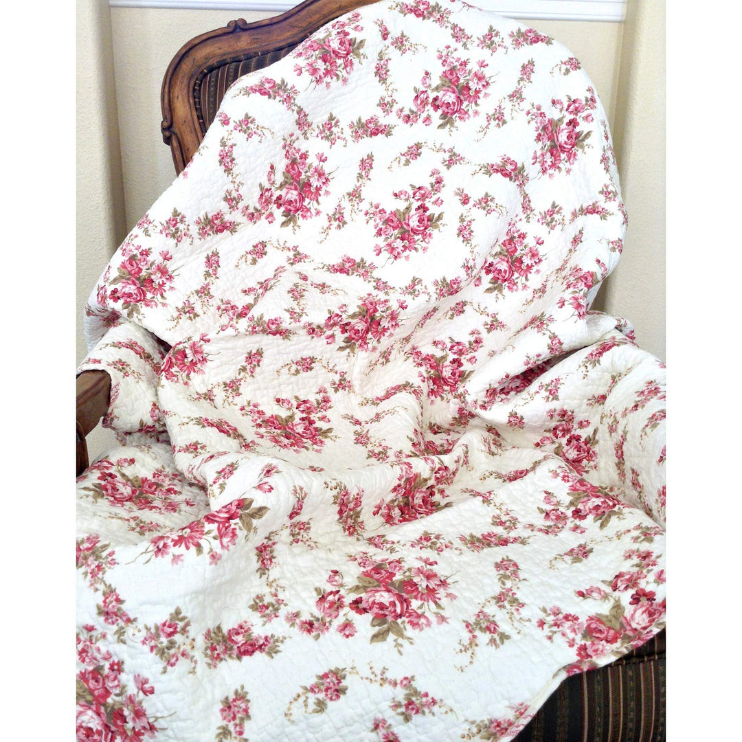 Chic Vintage Rose Quilted Throw Green Pink Red Floral Farmhouse French Country