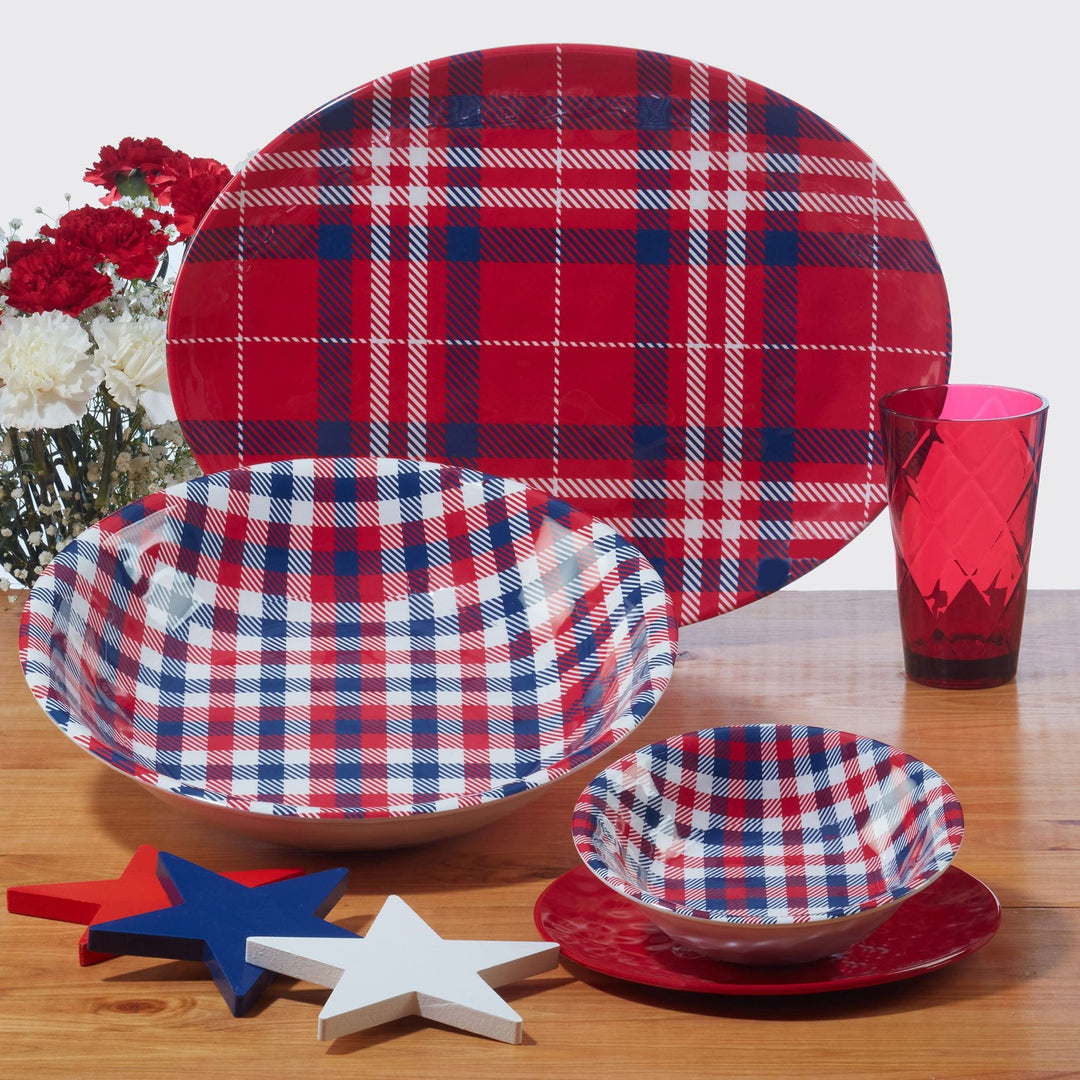 Patriotic Plaid 9" Salad/dessert Plates Set Of 6 Dia. Blue Red White Stripe