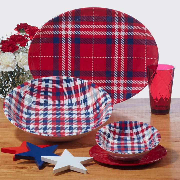 Patriotic Plaid 9" Salad/dessert Plates Set Of 6 Dia. Blue Red White Stripe