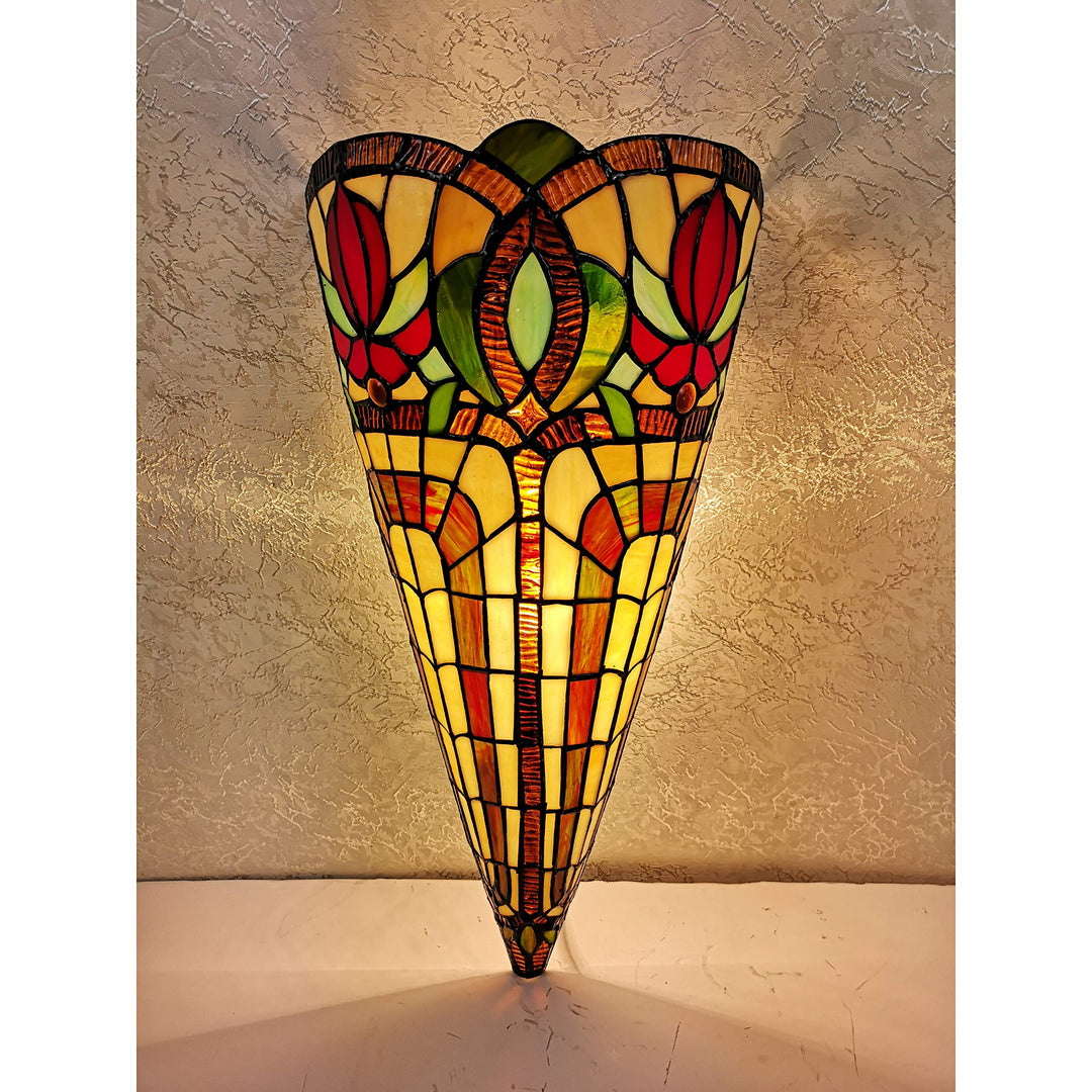 Tiffany Style Wall Lamp Brown Yellow Red Flower 2 Light Stained Glass Vintage Yellow/Red