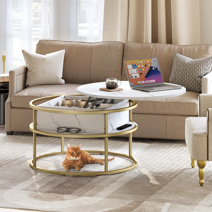 Round Lift Top Coffee Table White Marble and Frame Modern Contemporary