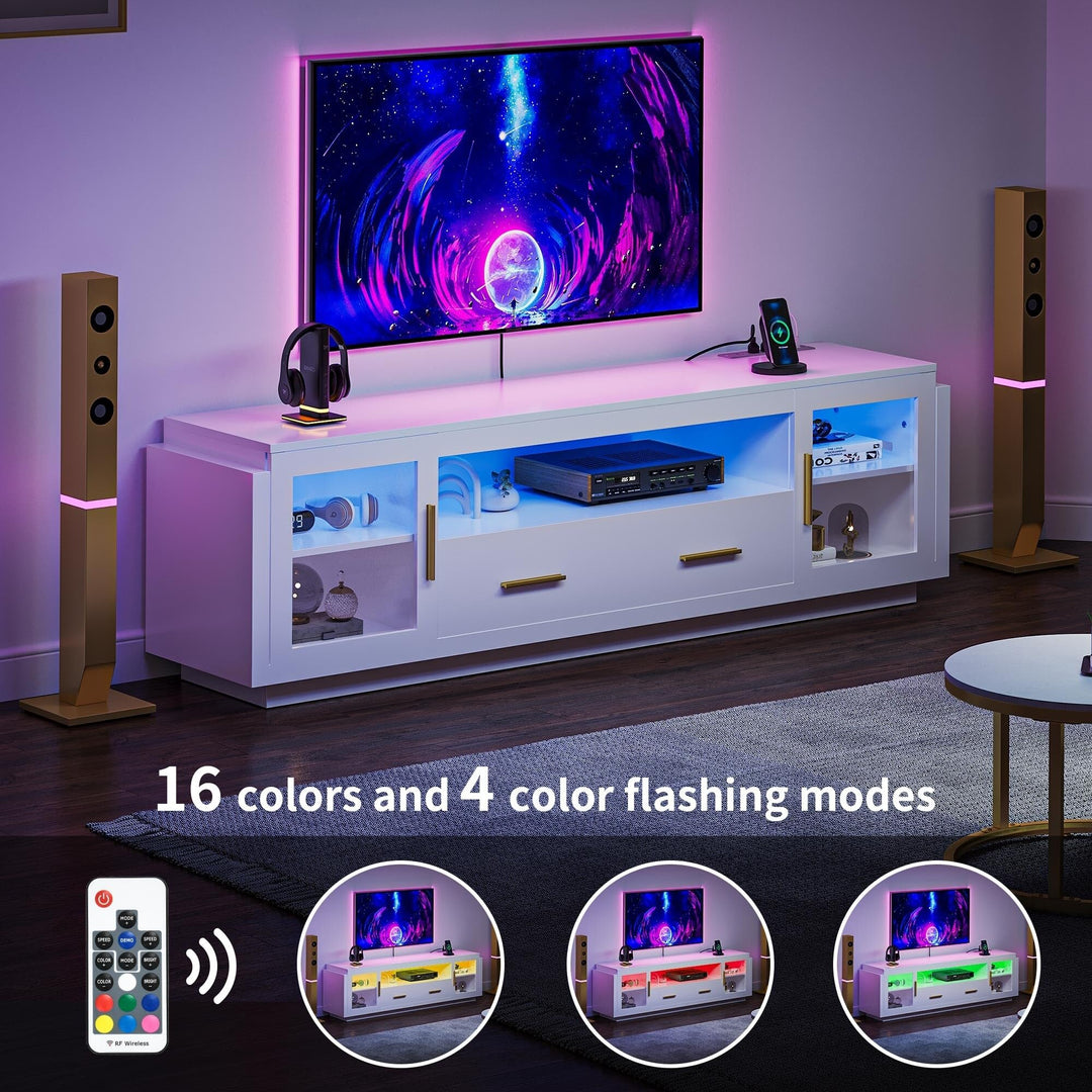 White Led Tv Stand Media nsole Table with Drawer Fits Tvs Up to 75" Modern